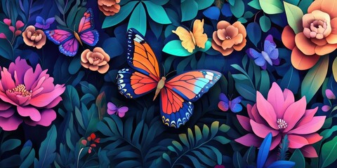 Vibrant butterflies feeding on nectar from flowers, Colorful butterflies drinking nectar from blossoms