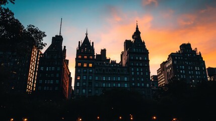 Obraz premium Silhouetted cityscape with a fiery sunset.