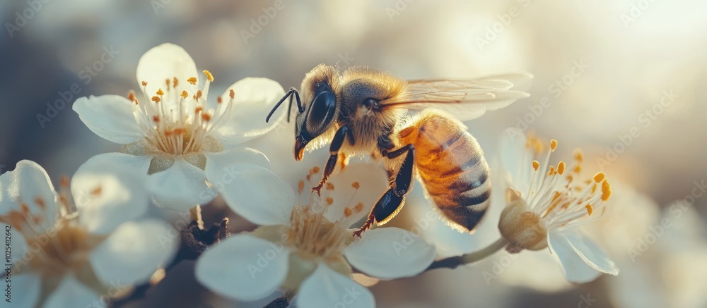 Sticker A honey bee gathers pollen from a delicate white flower.