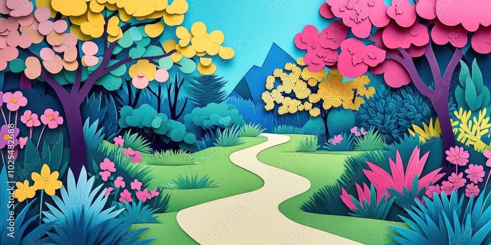 Poster Tranquil spring pathway in a city park - fresh blooms and vibrant scenery on a beautiful spring day, Tranquil spring pathway in a park with fresh blooms and vibrant scenery