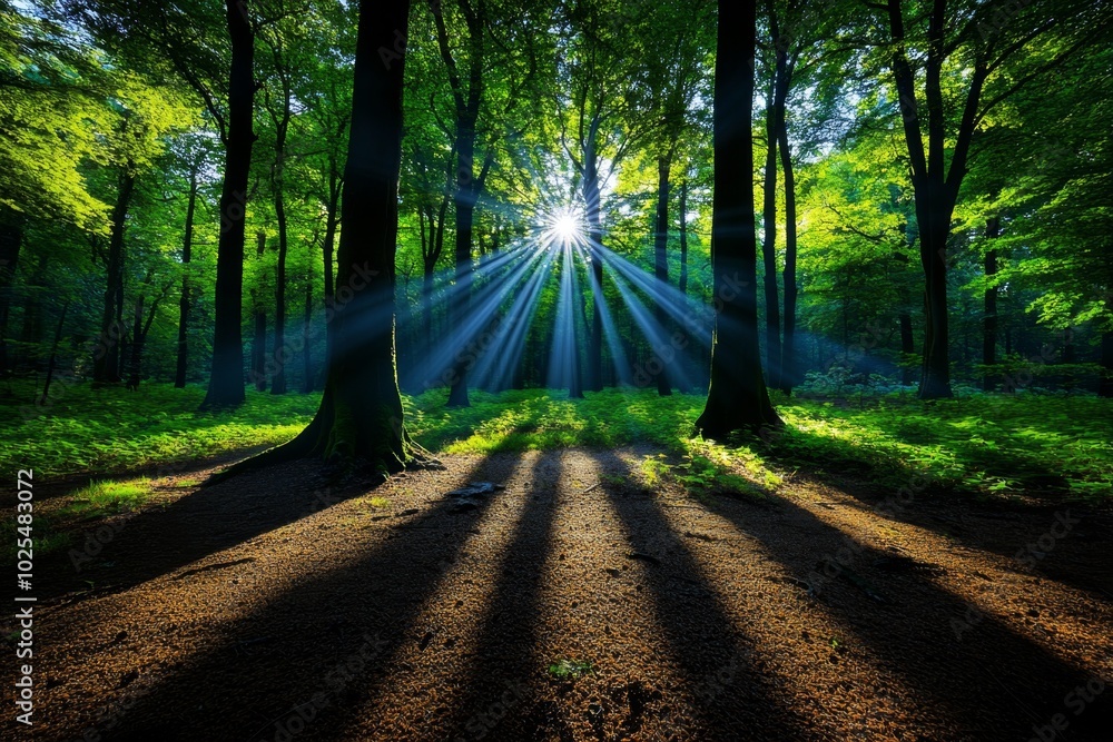 Poster Sunlight filtering through trees, hyper-realistically capturing every ray of light and shadow as it falls on the forest floor