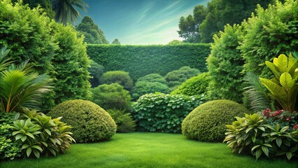 Obraz premium A Lush Green Garden Oasis with a Serene Sky Above, Featuring an Array of Plants and Trees, Perfectly Trimmed Shrubs, and a Sprawling Lawn in the Center