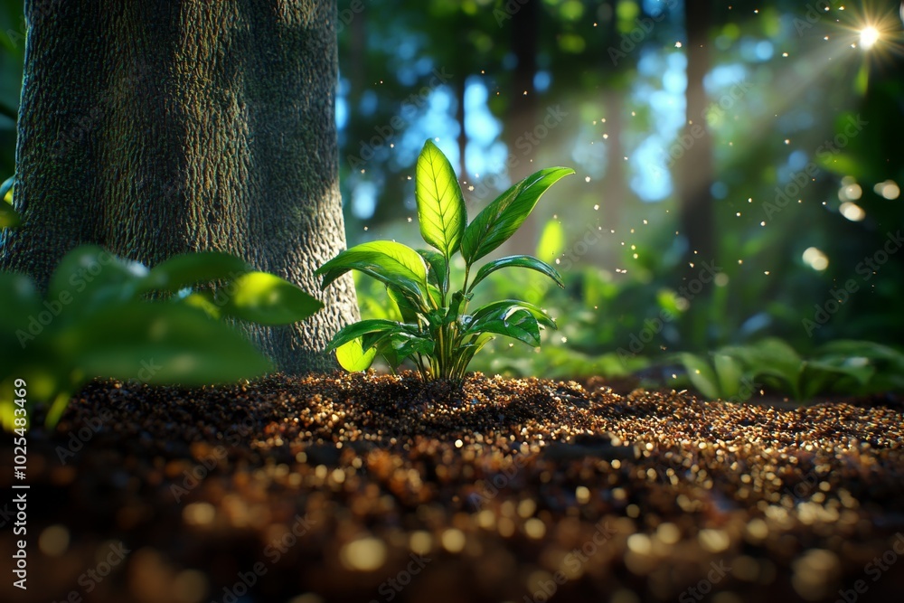 Poster Sunlight filtering through trees, hyper-realistically capturing every ray of light and shadow as it falls on the forest floor
