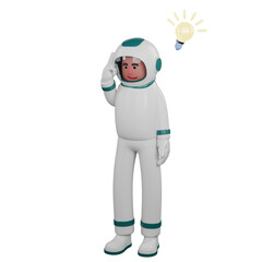 Professional Space Specialist Character. A male astronaut stands with his left hand above his head and a light on his right side. 3D Male Model