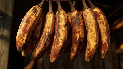 A bunch of overripe bananas hang from a wooden structure, their skins speckled with brown spots.