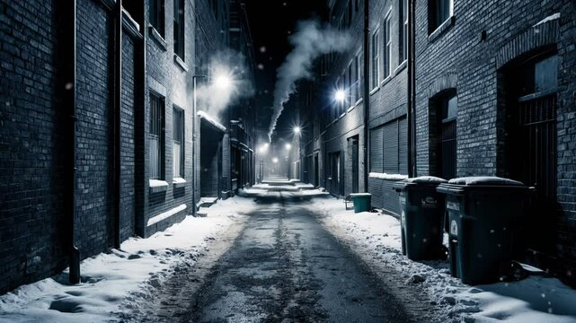A narrow alleyway between brick buildings is covered in snow. The alley is illuminated by street lights and a single street lamp shines down on a pair of garbage cans. 