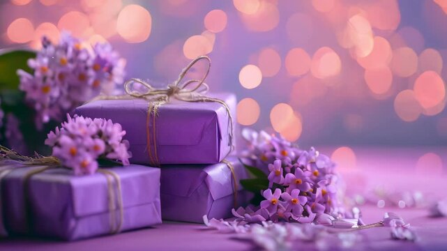 Lavender gift boxes tied with twine, surrounded by purple flowers and bokeh lights, creating a festive, celebratory scene.