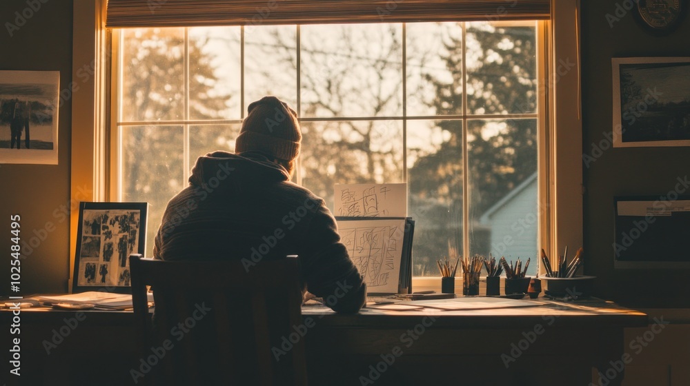 Poster a person sits at a desk facing a window, drawing or working on a project while the sun sets outside.