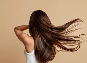 A beautiful woman with long hair, her back turned to the camera and waving her arms in front of a beige background.