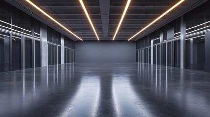 Fototapeta premium Empty Modern Hallway with Glass Walls and Bright Overhead Lights