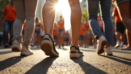 Naklejka premium Closeup shoes and group in street walking and sunshine with lens flare cooperation and protest