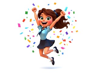 Excited Jump with Confetti
"a cute cartoon girl in a uniform jumping in excitement, with her fists clenched and confetti flying around her. She looks overjoyed, and the background is pure white for em