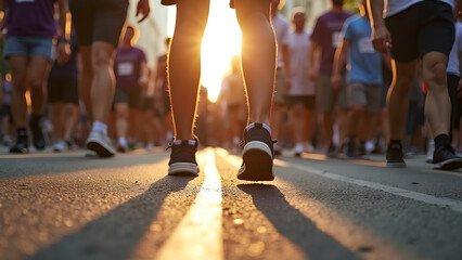 Fototapeta premium Closeup shoes and group in street walking and sunshine with lens flare cooperation and protest