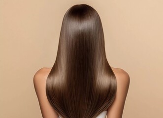 Beautiful woman with long, healthy, straight, shiny brown hair in a back view, isolated on a beige background