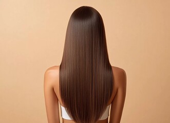 Beautiful woman with long, healthy, straight, shiny brown hair in a back view, isolated on a beige background