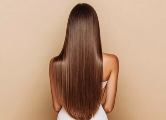 Beautiful woman with long, healthy, straight, shiny brown hair in a back view, isolated on a beige background