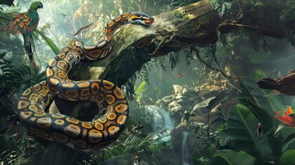 Fototapeta premium A Yellow and Black Snake Coiled Around a Moss Covered Branch in a Lush Tropical Rainforest