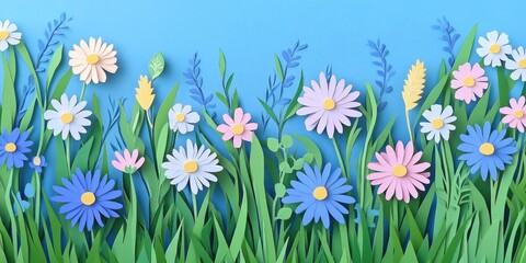 Blooming spring flowers in a meadow A field of cornflowers among lush green grass Gentle spring backdrop featuring ample space for text and personalization