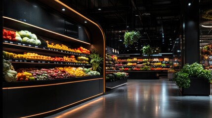Vibrant Fruit and Vegetable Display in Modern Grocery Store