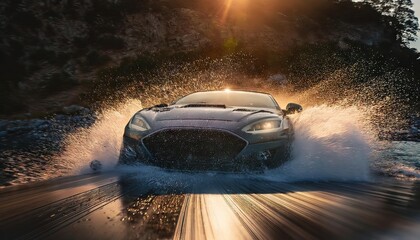 High-Performance Sports Car Splashing Through Water