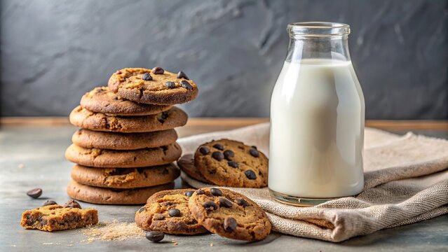 Minimalist pile of chocolate chip cookies with broken cookie, milk bottle, napkin in background