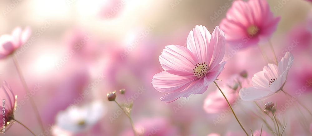 Sticker A single pink cosmos flower in bloom, surrounded by other flowers in a soft focus background, with a warm, golden glow.