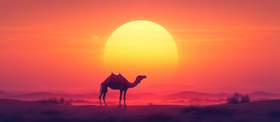 Naklejka premium A single camel stands silhouetted against a fiery orange sunset in the desert, the sun a large disc in the sky.
