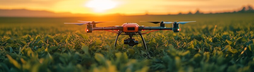 A drone capturing stunning aerial views over a lush green field during a vibrant sunset.