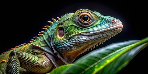 Obraz premium A Vibrant Green Lizard With Spiky Scales Perches on a Lush Green Leaf Against a Dark Background