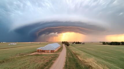 Dramatic storm clouds over a field with a rural barn at sunset.