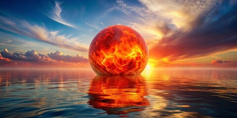 A fiery sphere rises from the tranquil waters, casting an ethereal glow across the horizon, as the sky blushes with the hues of a dramatic sunset.