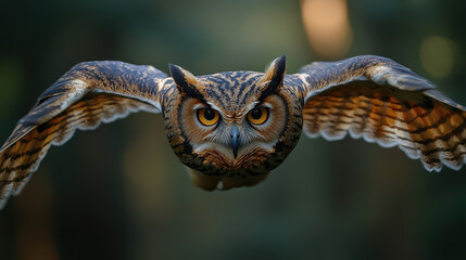 Obraz premium Majestic owl in flight, showcasing intense eyes and detailed feathers, embodies powerful presence in nature. focus on its fierce gaze captures essence of this magnificent bird