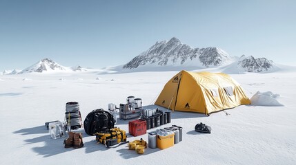 Expedition tent and gear set in a snowy mountain landscape, bright and isolated.