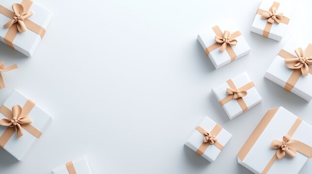 Elegant white gift boxes with bows on a white background.
