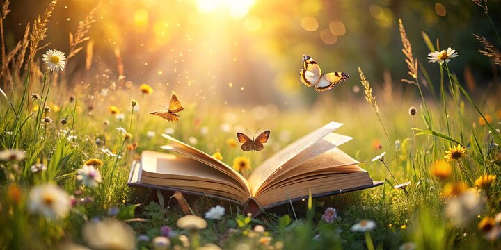 A sunlit field of wildflowers, with a book open, inviting the reader to explore the world of nature and imagination.