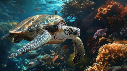 Obraz premium A Sea Turtle Swimming Through Coral Reef and Fish