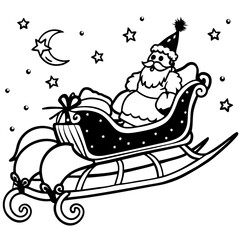 Silhouette of Santa Claus flying through the night sky in his sleigh