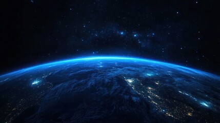 Obraz premium A stunning view of Earth from space at night, showcasing the vastness of the cosmos and the twinkling lights of cities.