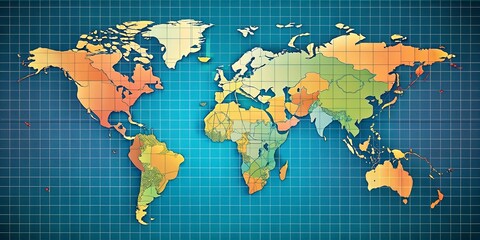 Fototapeta premium A stylized world map on a gridded blue background with continents in various shades of yellow, orange, and green