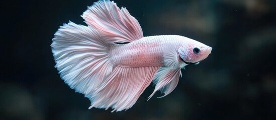 Fototapeta premium A white and pink betta fish with flowing fins against a dark background.