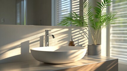 Fototapeta premium A clean and modern bathroom interior featuring a sleek white ceramic sink, chrome faucet, and a large mirror on the wall with soft natural light