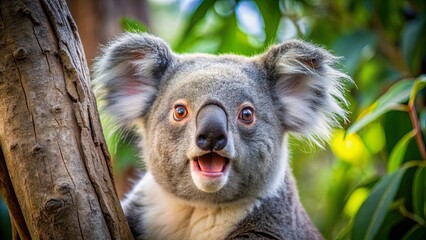Fototapeta premium A Curious Koala Peeking from Behind a Tree Trunk with Big Brown Eyes and a Wide Open Mouth, Showing Off its Adorable, Fluffy Fur