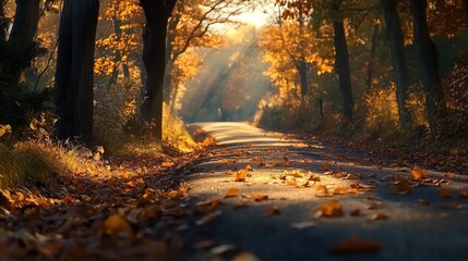 A close-up shot of fallen leaves on a winding road surrounded by towering trees dressed in autumn hues. The golden light of late afternoon casts long shadows