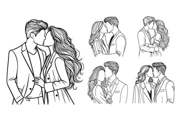 Line Art Couple Kiss Intimately Black and White Illustration Hand Drawn Clipart