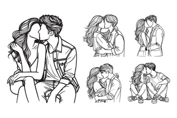 Intimate kiss between a couple illustrated in black and white