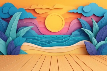 A serene seascape with a wooden floor in the foreground, featuring a tropical sandy beach; a tranquil outdoor escape with a captivating view under the sunshine and summer clouds