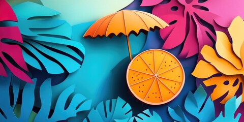 Fototapeta premium Close-up of a dark orange fruit accompanied by a straw and a small umbrella, Close-up of a dark orange fruit with a straw and an umbrella