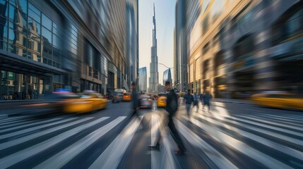 Obraz premium Blurred Street Scene with Tall Building and People Walking