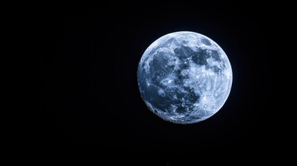 Obraz premium A full moon in the night sky, illuminated in a cool blue hue. The moon's craters and surface features are visible.