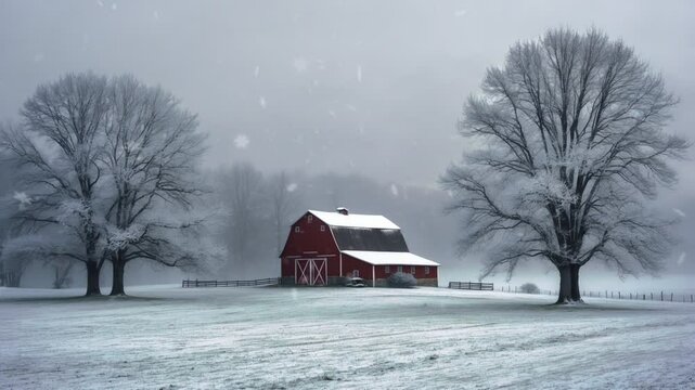 A red barn with a snow-covered roof stands in a field of freshly fallen snow, surrounded by bare trees and a wooden fence. The sky is overcast and there is a light snowfall.